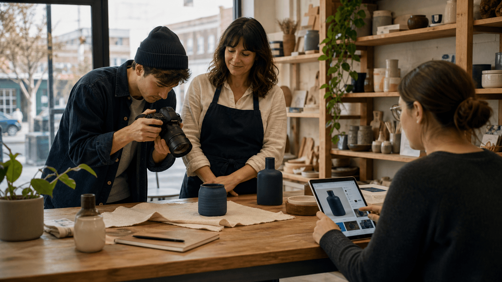 A local shop owner and helpers photographing products and checking an online product listing.